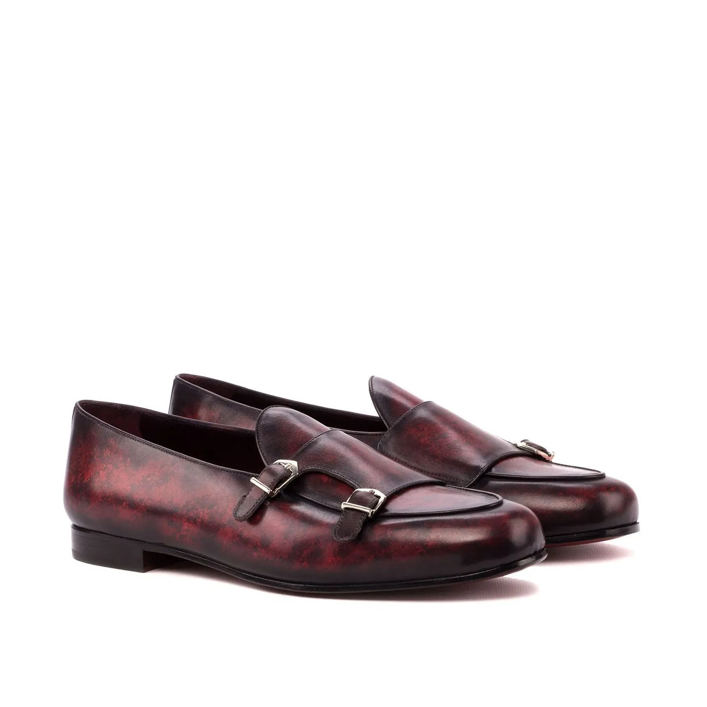 Ambrogio Bespoke Men's Handmade Custom Made Shoes Burgundy Patina Leather Monk Slipper Loafers (AMB1265)