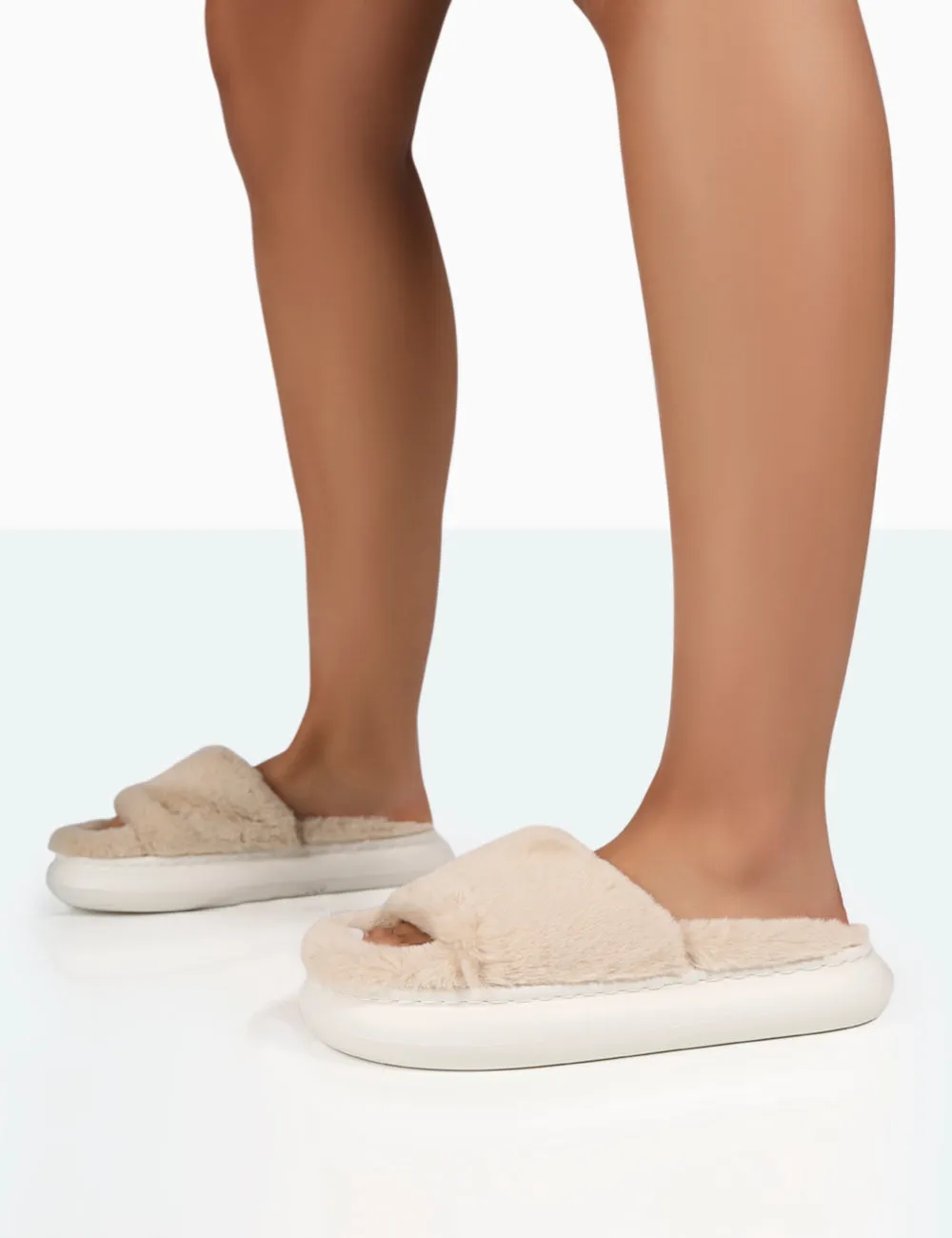 Bashful Beige Faux Fur Chunky Sole Slider Slippers