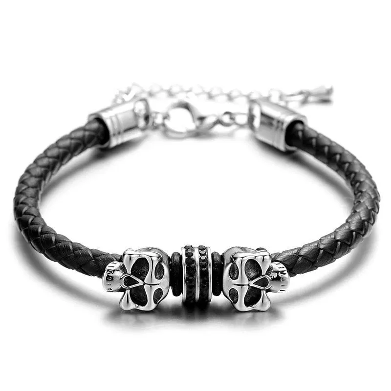 Black Slim Braided Leather Skull with Micro Cubic Zirconia Bracelet