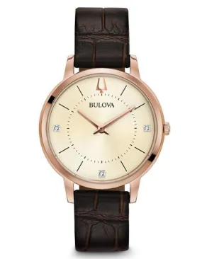 Bulova Womens Classic Watch - Rose Gold-Tone - Diamonds - Brown Leather Strap