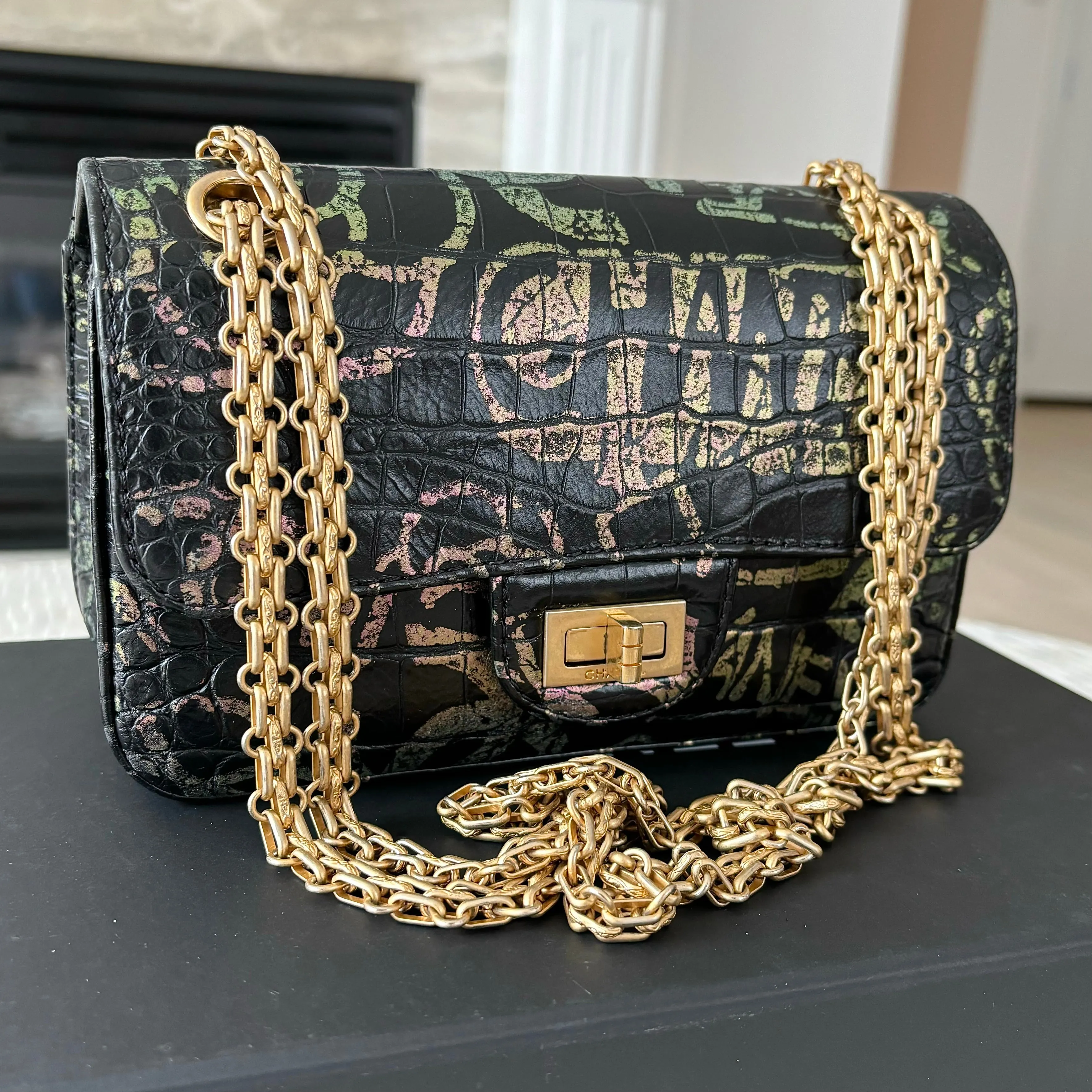 CHANEL Calfskin Crocodile Embossed Graffiti 2.55 Mini Cocodile Reissue Flap Black Pink Green