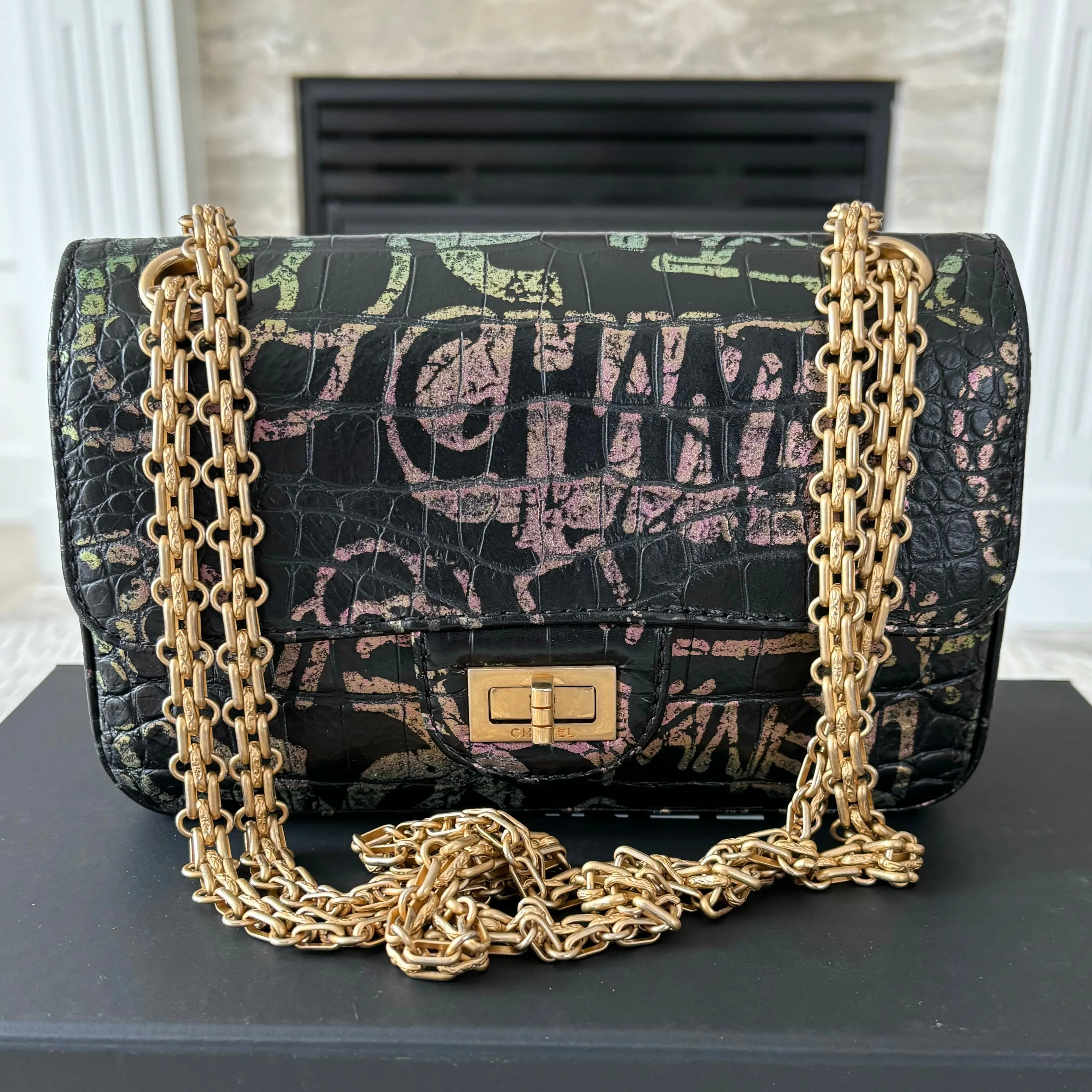 CHANEL Calfskin Crocodile Embossed Graffiti 2.55 Mini Cocodile Reissue Flap Black Pink Green