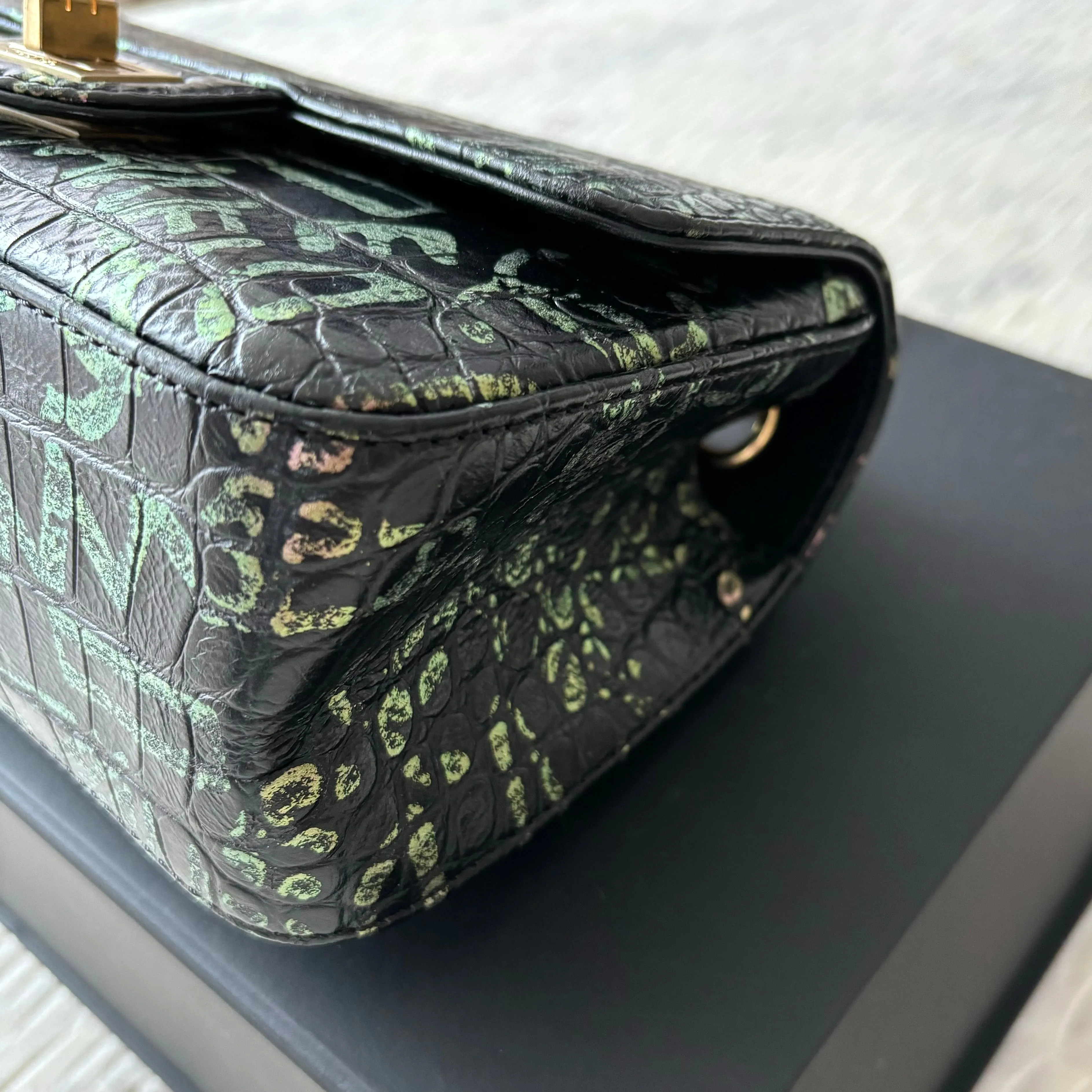 CHANEL Calfskin Crocodile Embossed Graffiti 2.55 Mini Cocodile Reissue Flap Black Pink Green