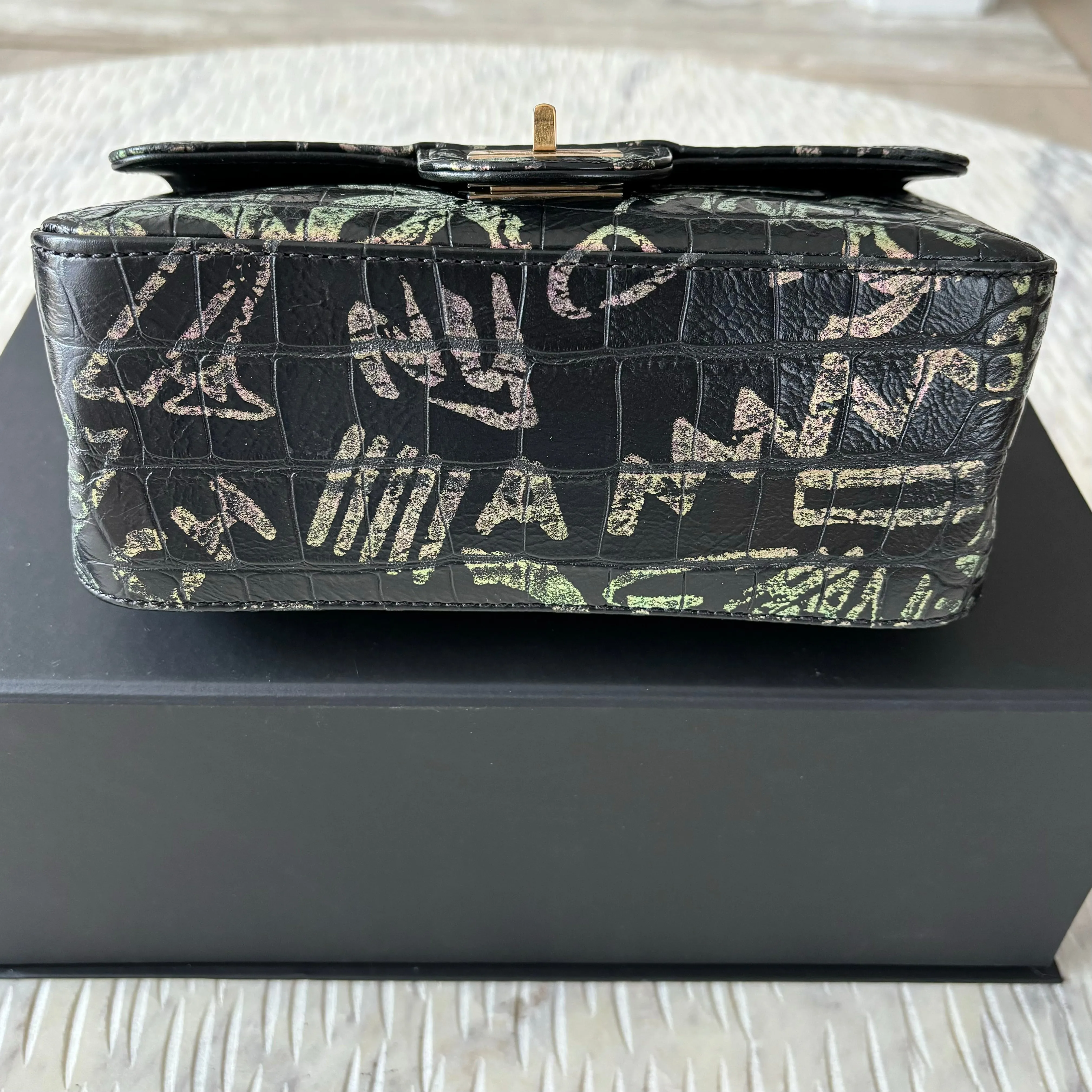 CHANEL Calfskin Crocodile Embossed Graffiti 2.55 Mini Cocodile Reissue Flap Black Pink Green