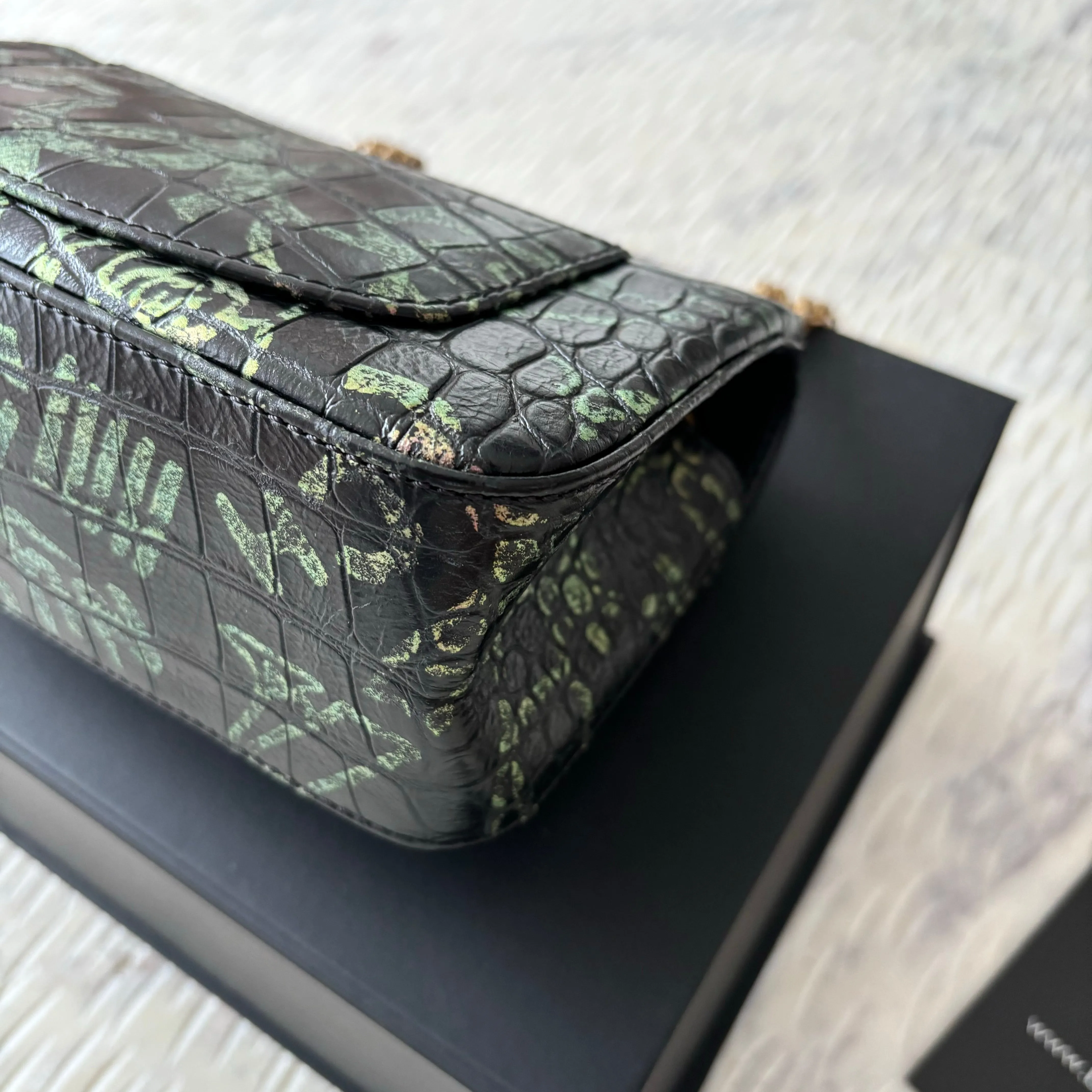 CHANEL Calfskin Crocodile Embossed Graffiti 2.55 Mini Cocodile Reissue Flap Black Pink Green