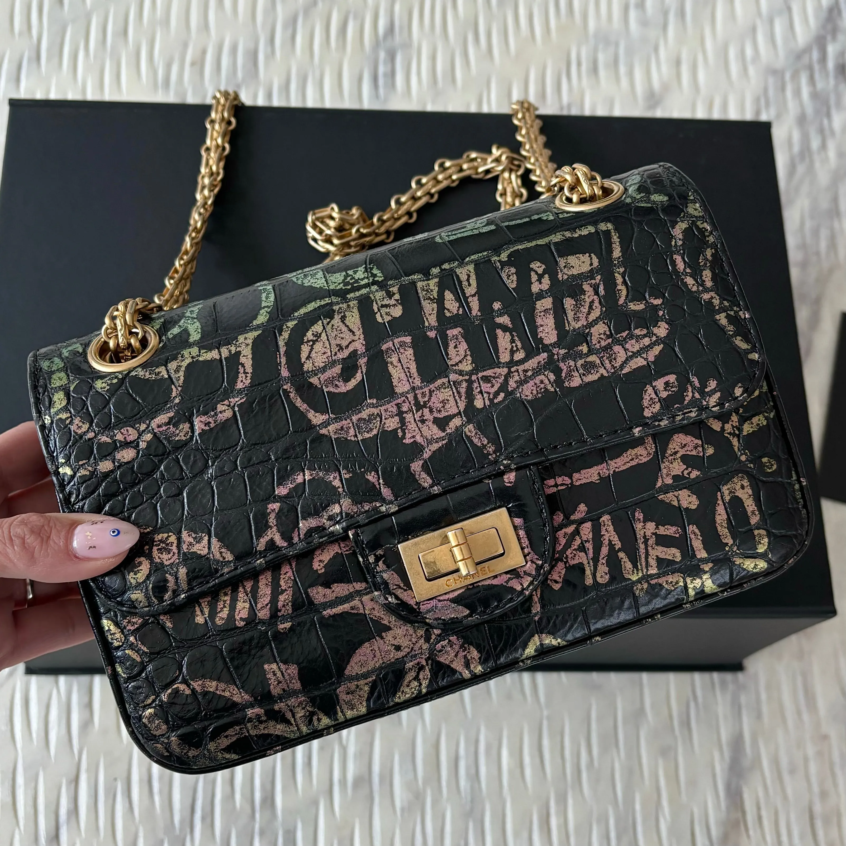 CHANEL Calfskin Crocodile Embossed Graffiti 2.55 Mini Cocodile Reissue Flap Black Pink Green