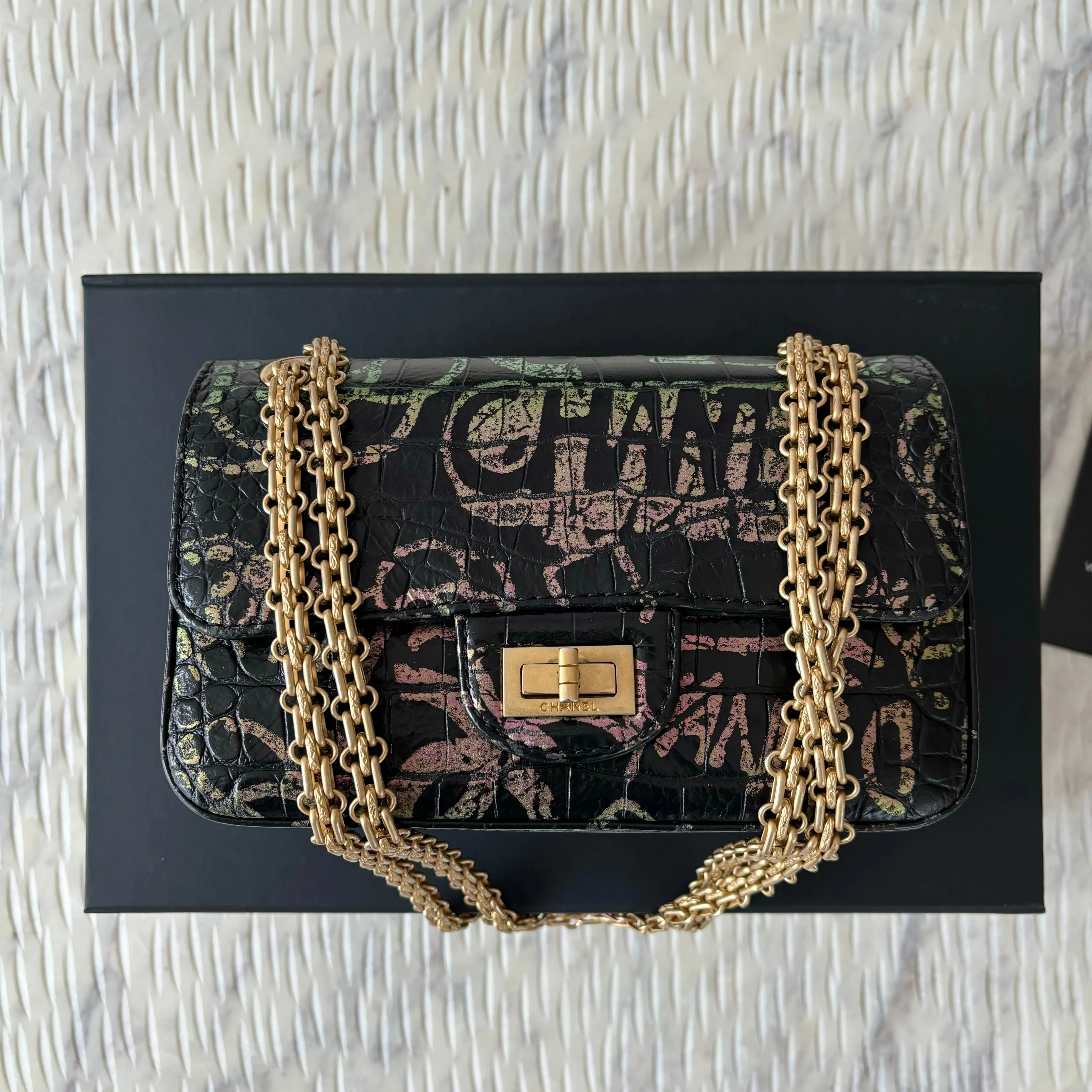 CHANEL Calfskin Crocodile Embossed Graffiti 2.55 Mini Cocodile Reissue Flap Black Pink Green