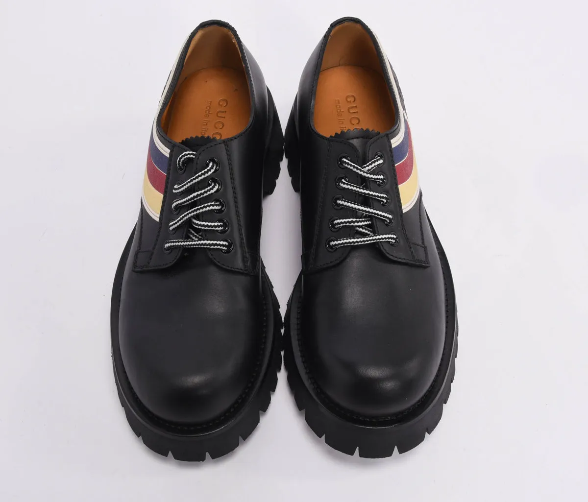 Gucci Black Leather Sylvie Web Lace-Up Shoes 7.5