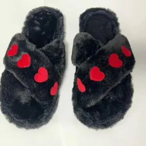 Heart Plush Cross Slippers Black