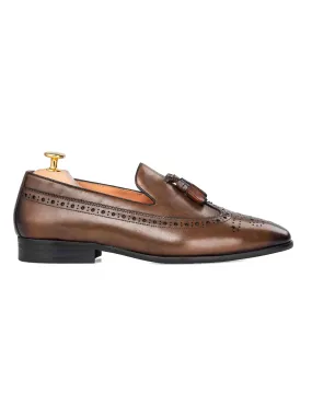 Loafer Slipper Longwing Brogue - Khakis with Tassel (Hand Painted Patina)