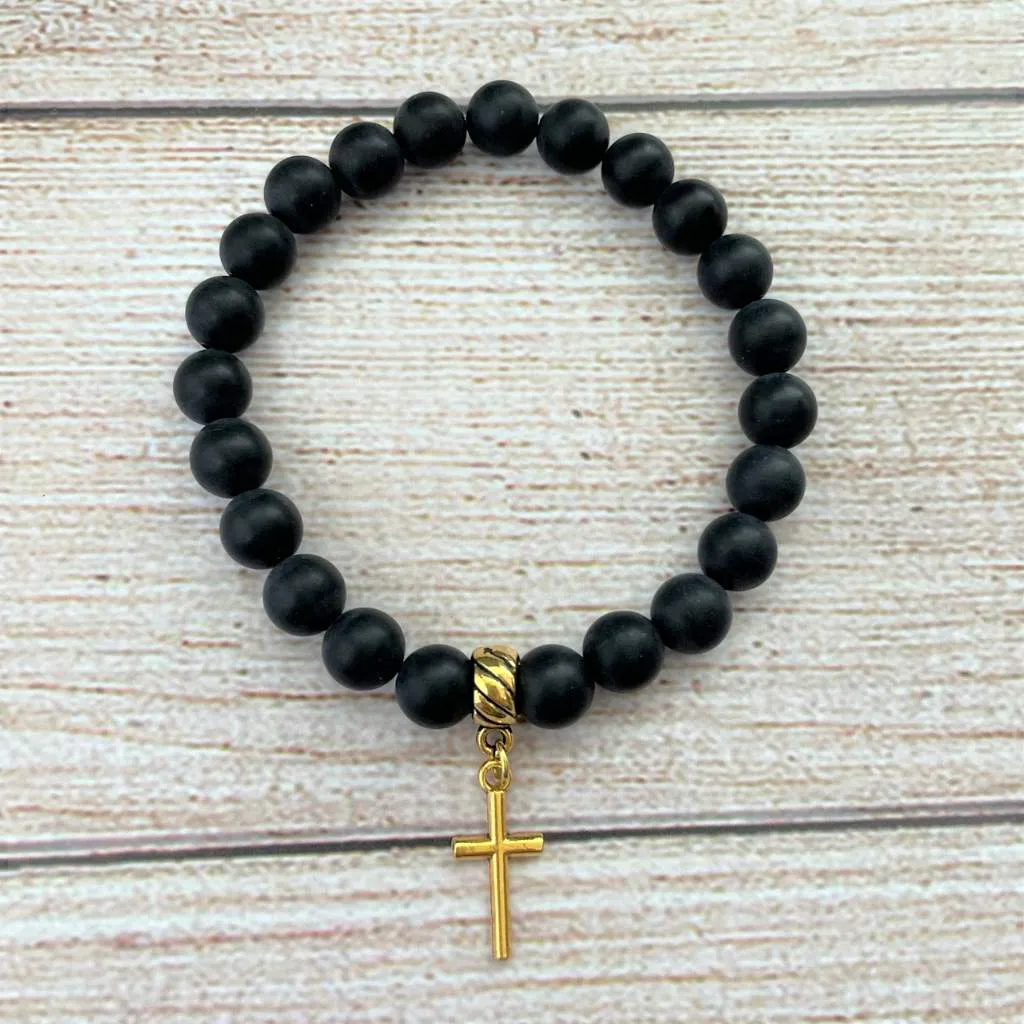 Matte Black Onyx and Gold Cross Beaded Mens Bracelet