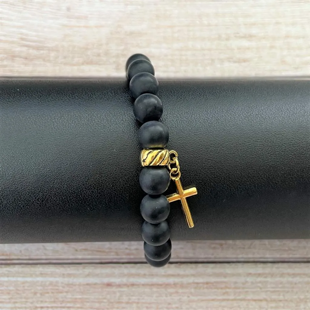 Matte Black Onyx and Gold Cross Beaded Mens Bracelet