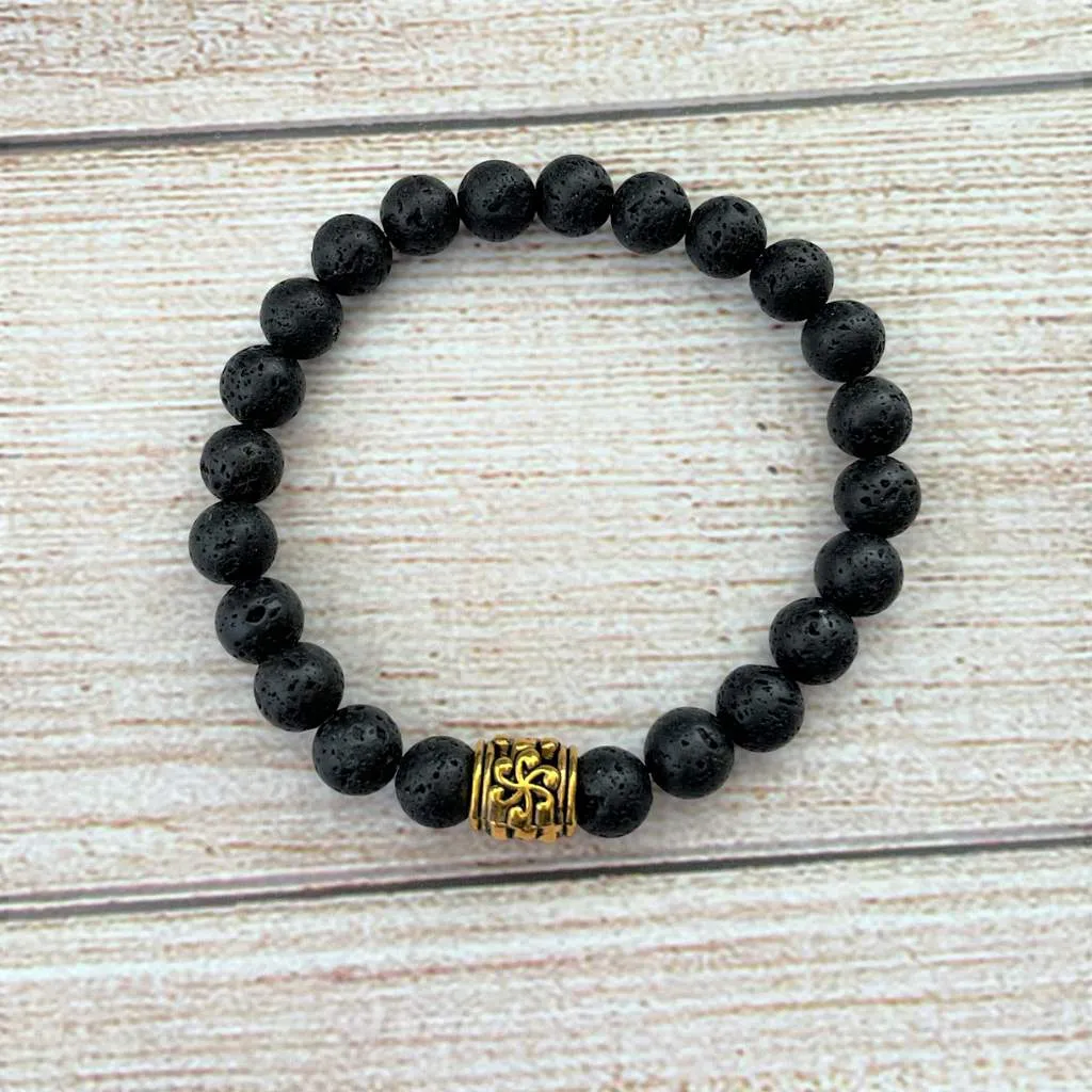 Mens Black Lava Beaded Bracelet with Gold Bead