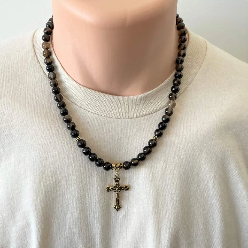 Mens Brown Smoky Agate Mens Necklace and Gold Cross