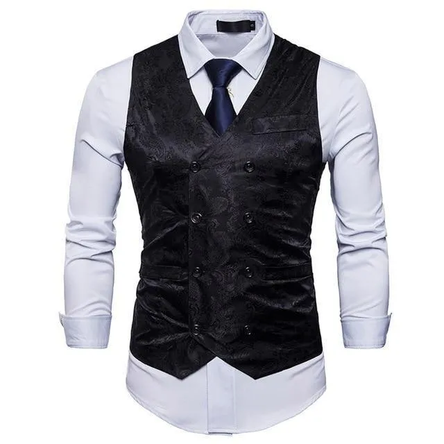 Men's Gentleman Formal Slim Fit Double Breasted Dress Suit Vests 2018 Fashion Paisley Print Men Vest Waistcoat Colete Masculino