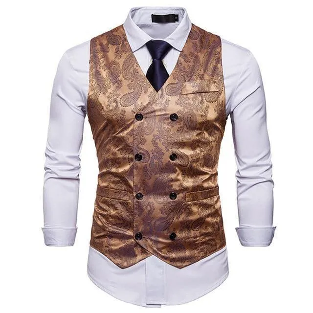 Men's Gentleman Formal Slim Fit Double Breasted Dress Suit Vests 2018 Fashion Paisley Print Men Vest Waistcoat Colete Masculino