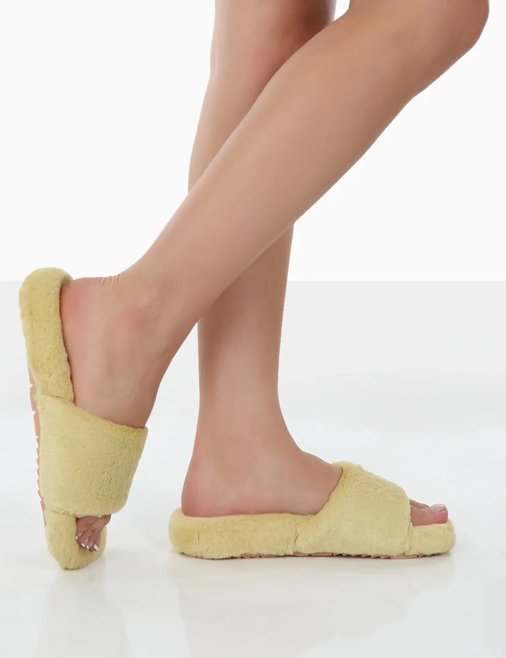 Namaste Yellow Fluffy Faux Fur Slippers