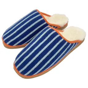 Navy & Light Blue Stripe Lambswool & Sheepskin Slippers