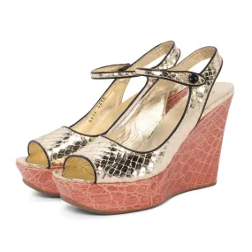 Prada Pink & Gold Metallic Snake & Croc Wedges 38.5