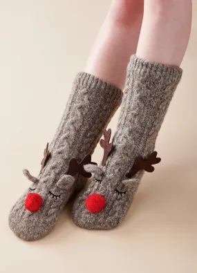 "Reindeer" Cozy Sherpa Socks by Charlie Paige - One Size