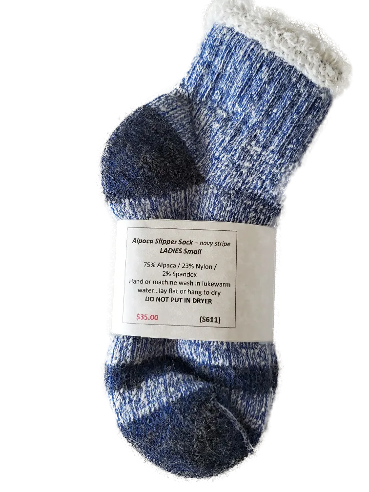 S611 Alpaca Thermal Slipper Sock Navy Stripe Ladies Small