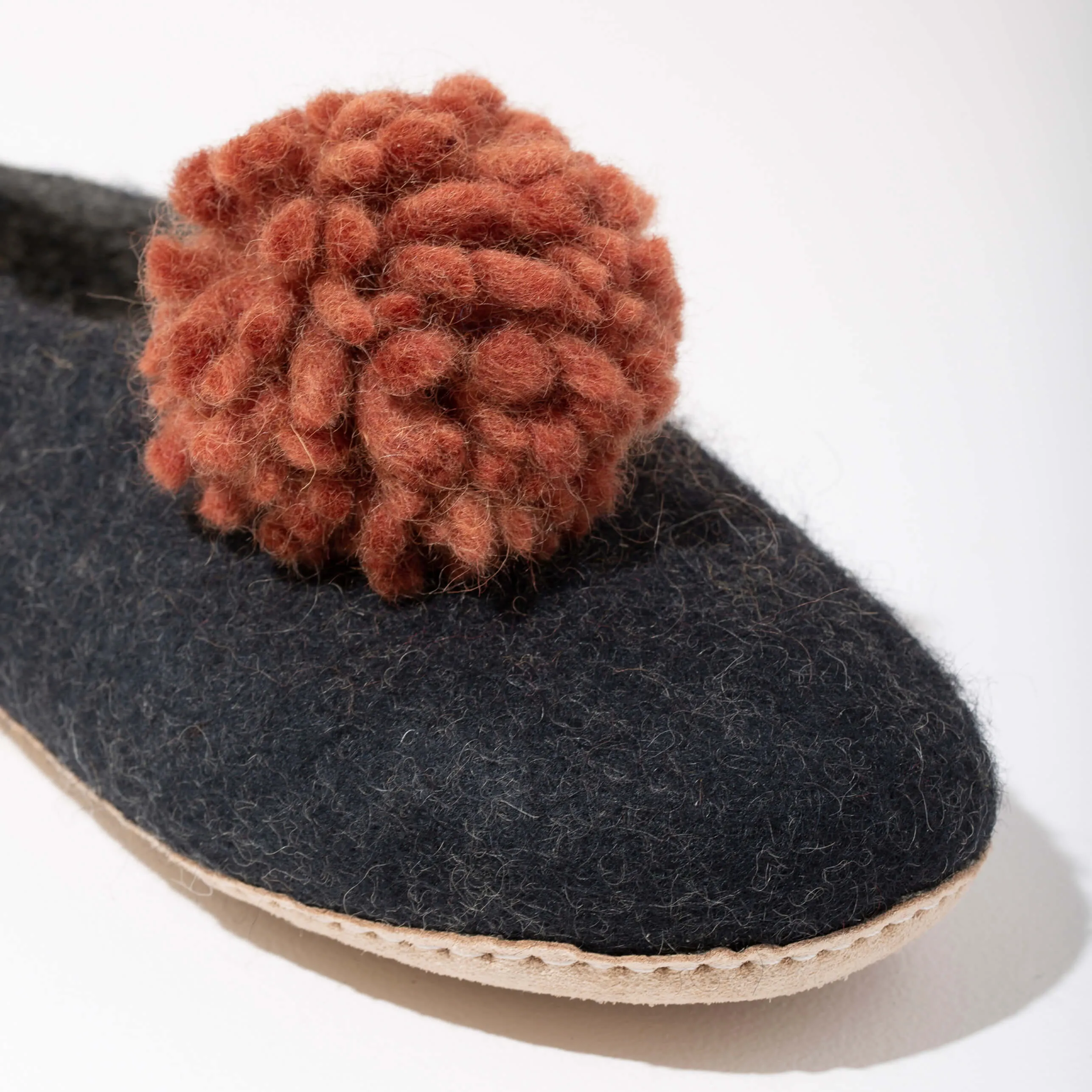 SALE - Pom Pom Felt Slippers - Dark Grey   Rust