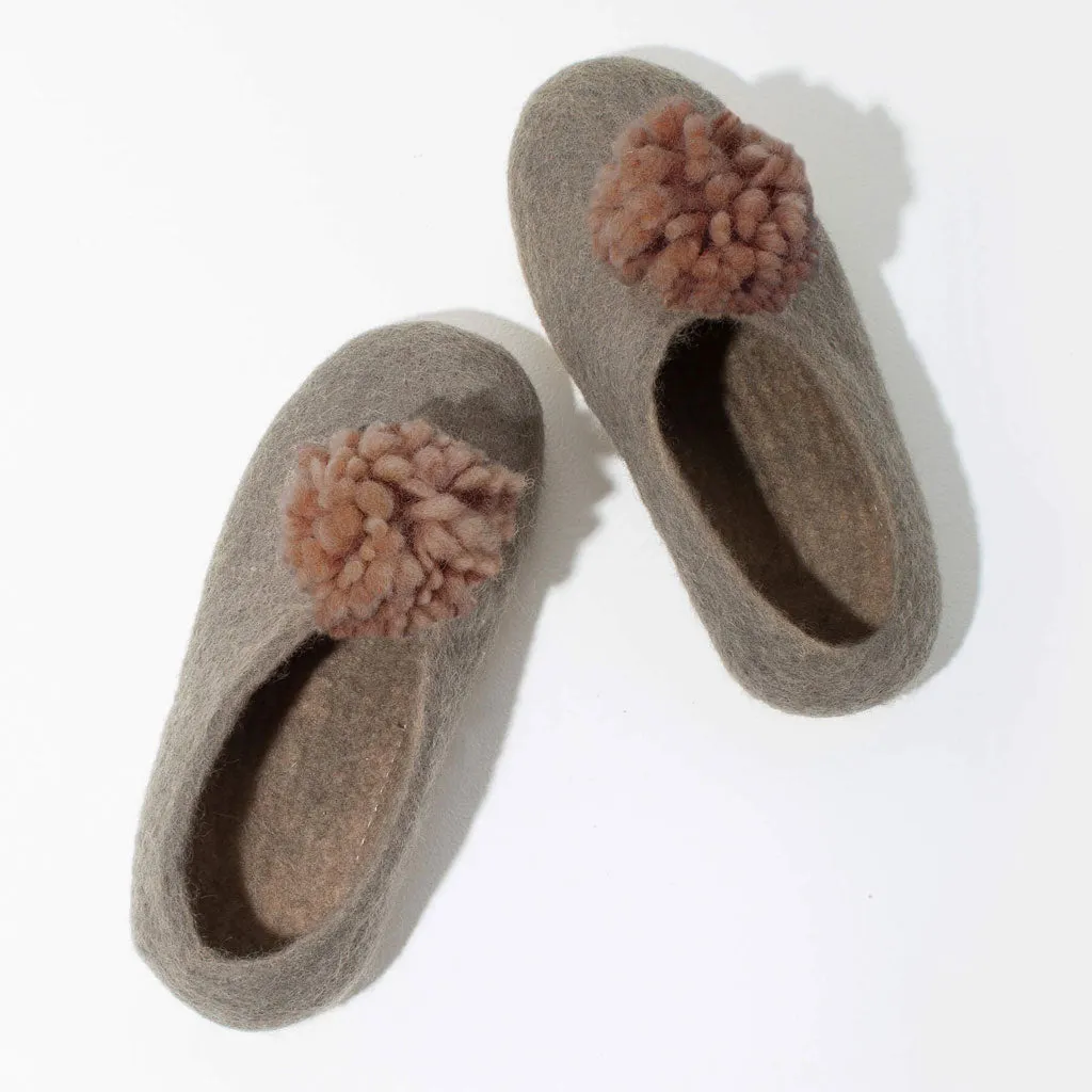 SALE - Pom Pom Felt Slippers - Light Grey   Muted Rose