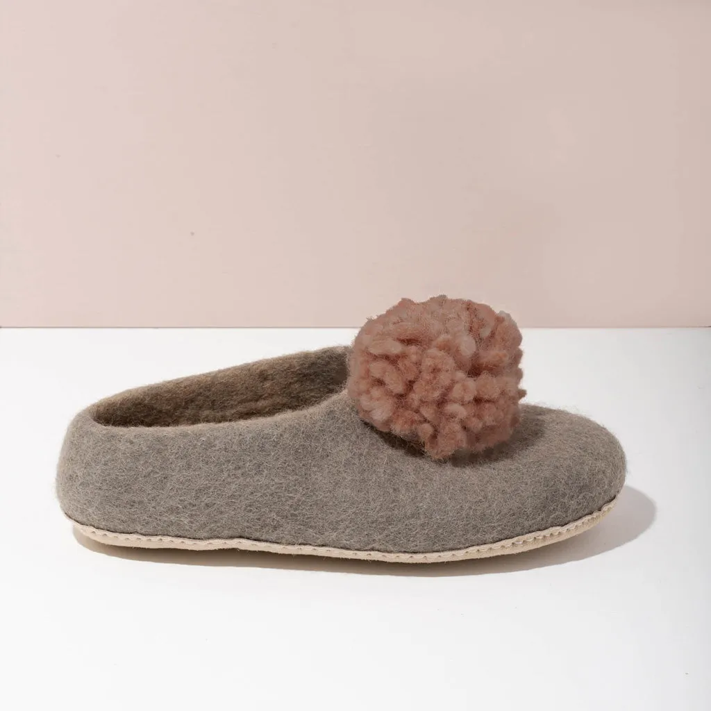 SALE - Pom Pom Felt Slippers - Light Grey   Muted Rose