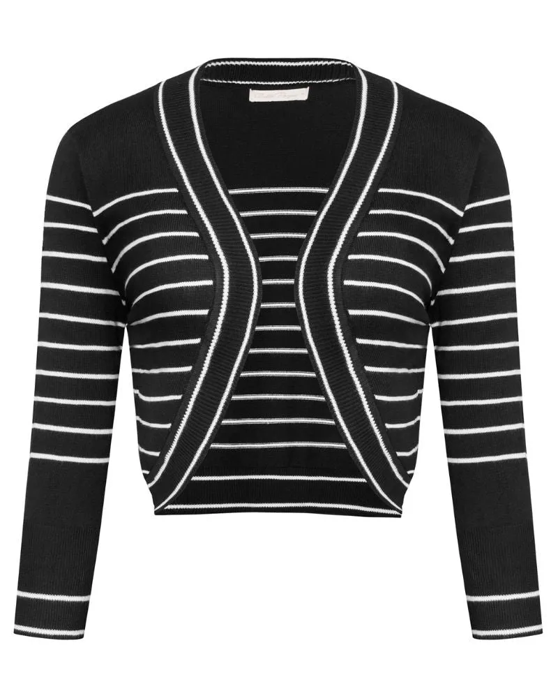 Stripe Printed 3/4 Sleeve Bolero Shrug Open Front Knit Cropped Cardigan Sweater