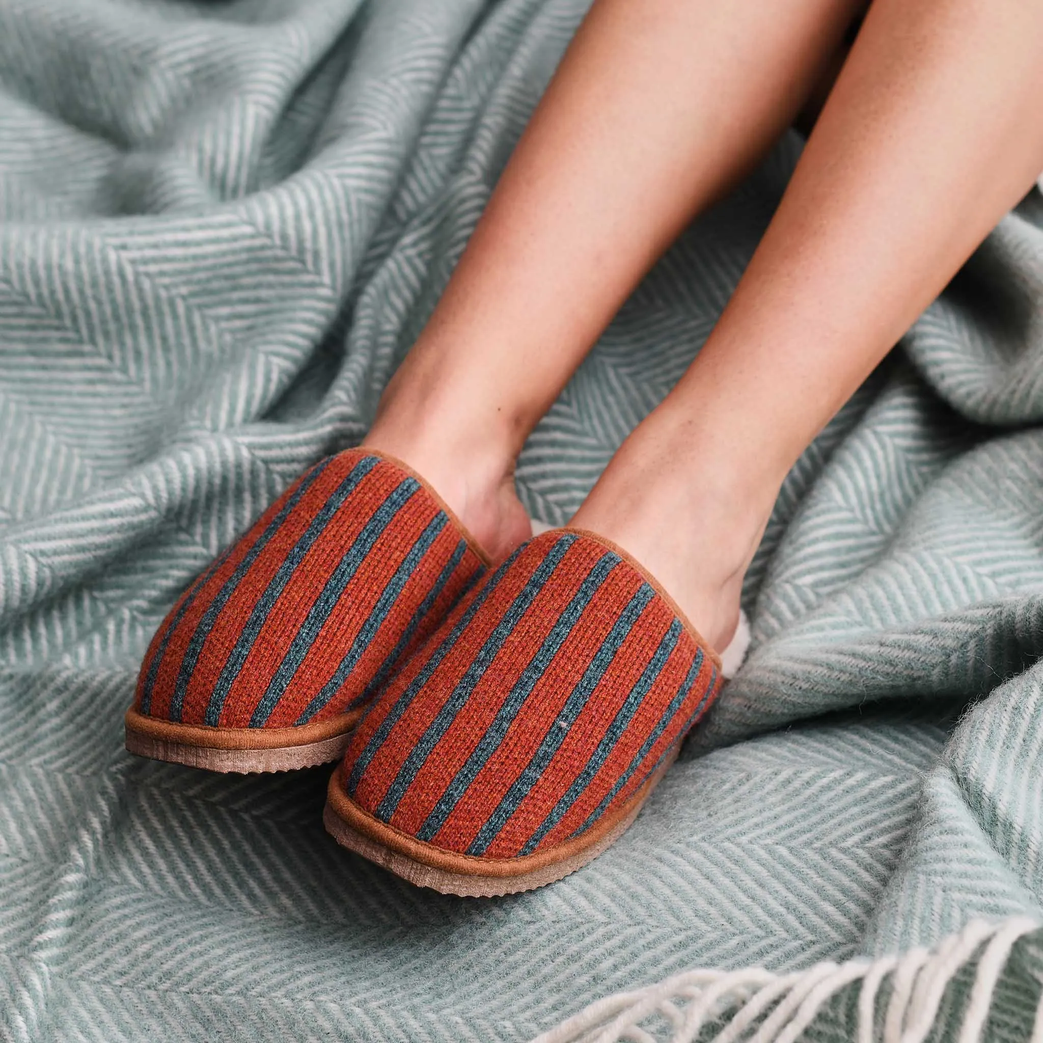 Terracotta Stripe Lambswool & Sheepskin Slippers