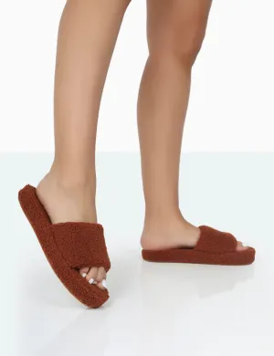 Vale Brown Borg Fluffy Slider Slipper